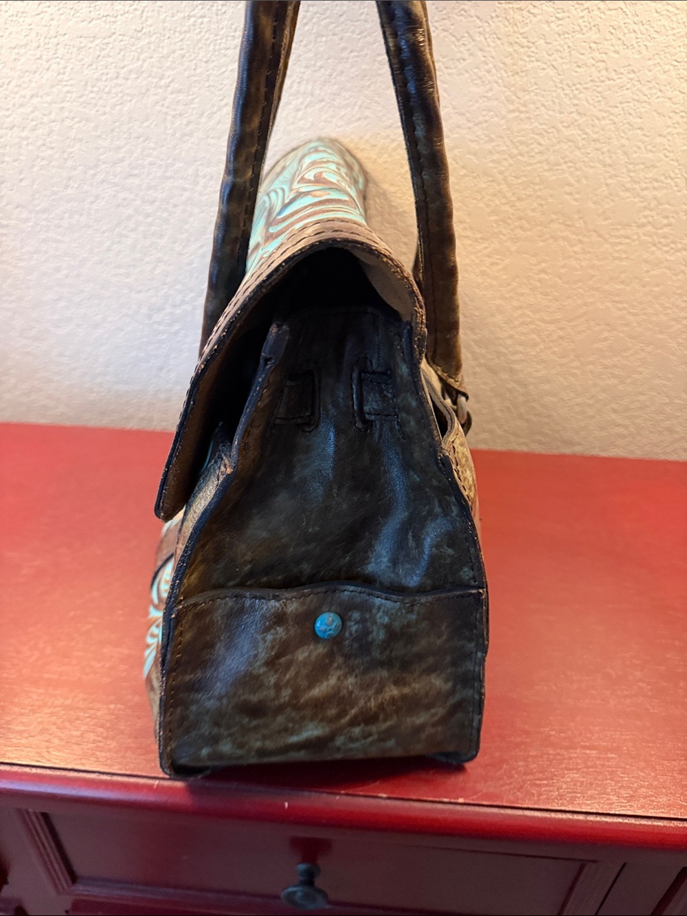 Patricia Nash Turquoise and Brown Tooled Floral Leather Satchel - Picture 8 of 10